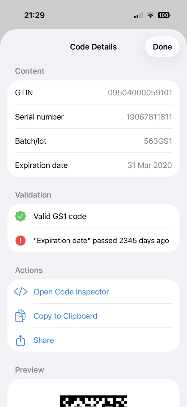 The Code Details screen with a Content group listing GTIN, serial number, batch or lot and expiration date, a Validation group, and actions to open the Code Inspector, copy or share