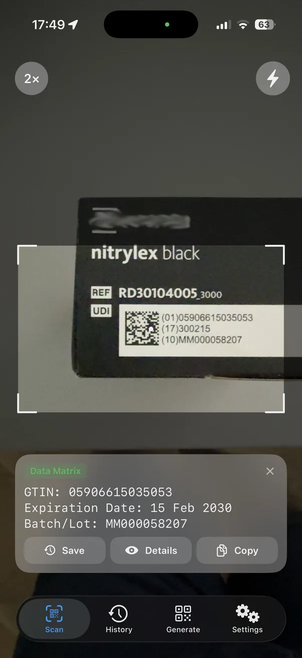 The QRectly camera view scanning a GS1 Data Matrix on a product box, with a result card listing GTIN, expiration date and batch or lot number above Save, Details and Copy buttons