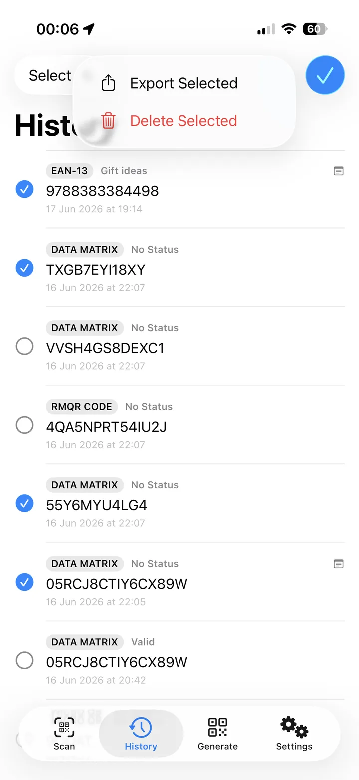 History screen with saved EAN-13 and Data Matrix codes, status labels and an Export Selected menu